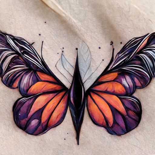 minimalist, monarch butterfly and purple milkweed tattoo, line art, shading, deep warm colors, tattoo art, ink art, high detail