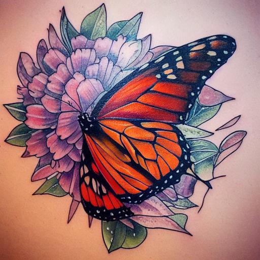 minimalist, monarch butterfly and purple milkweed tattoo, line art, shading, deep warm colors, tattoo art, ink art, high detail --test --creative --upbeta --upbeta