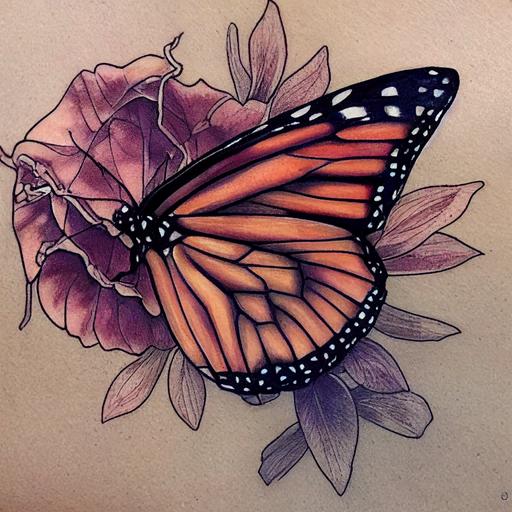 minimalist, monarch butterfly and purple milkweed tattoo, line art, shading, deep warm colors, tattoo art, ink art, high detail --test --creative --upbeta