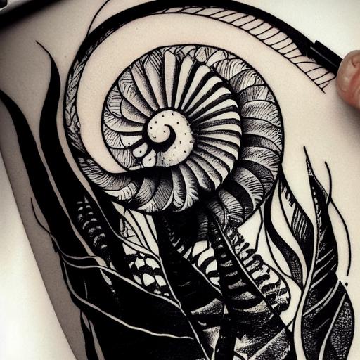 minimalist, nautilus and fern tattoo, line art, black and white, high detail --test --creative --upbeta