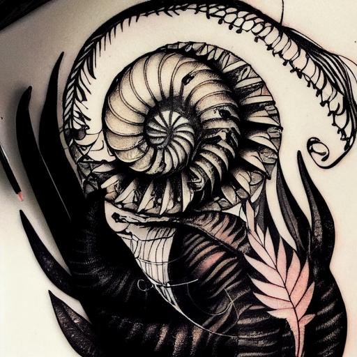 minimalist, nautilus and fern tattoo, line art, black and white, high detail --test --creative --upbeta
