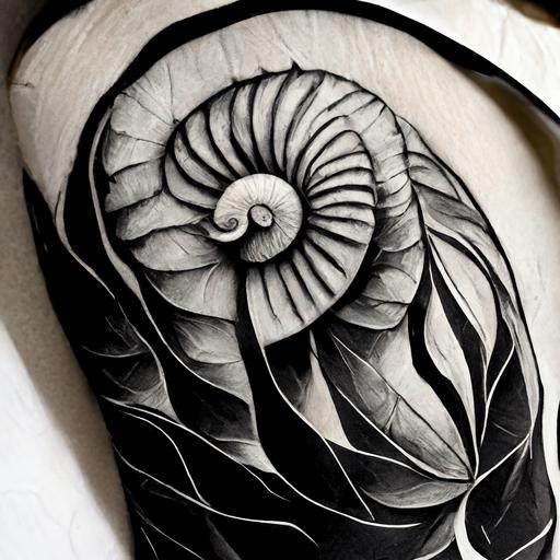 minimalist, nautilus and fern tattoo, line art, black and white, high detail