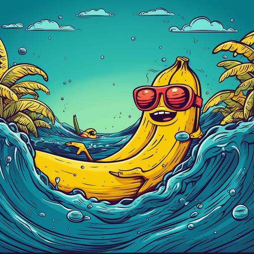 hand drawn cartoon Cartoon art doodle, banana figure wearing sunglasses while swimming in the sea