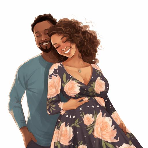 hand drawn, cartoon, black couple, woman is pregnant wearing a floral dress, man wearing casual clothing, white background
