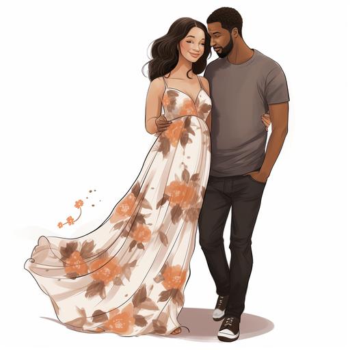 hand drawn, cartoon, black couple, woman is pregnant wearing a floral dress, man wearing casual clothing, white background