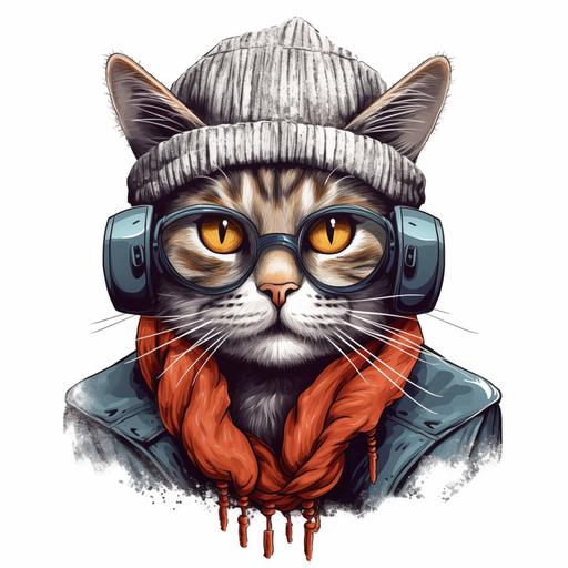 hand drawn ilustrated image of a hipster cat wearing headphones and beanie