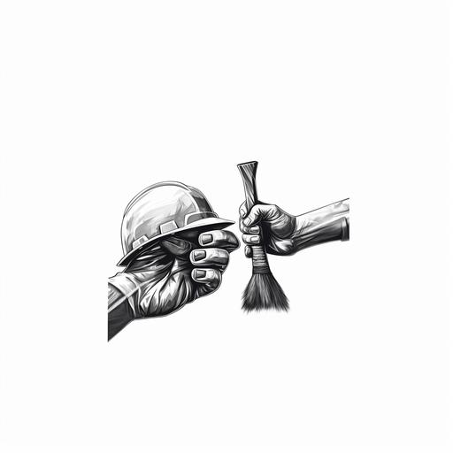 hand of worker in each corner holding carpenter's hammer, realistic black and white illustration for kids