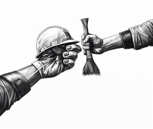 hand of worker in each corner holding carpenter's hammer, realistic black and white illustration for kids