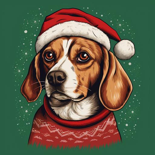 handdrawn picture of a profile beagle dog in a christmas sweater on a blank background