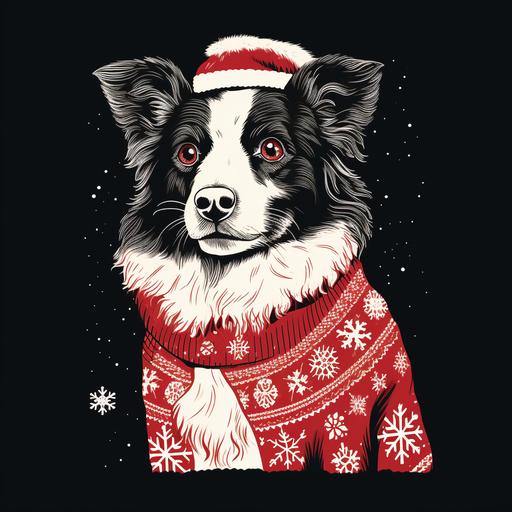 handdrawn picture of a profile border collie dog in a christmas sweater on a blank background