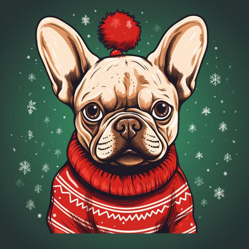 handdrawn picture of a profile frenchie dog in a christmas sweater on a blank background