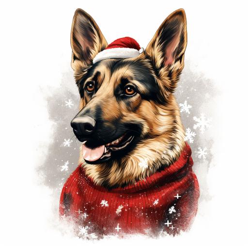 handdrawn picture of a profile german shepherd dog in a christmas sweater on a blank background