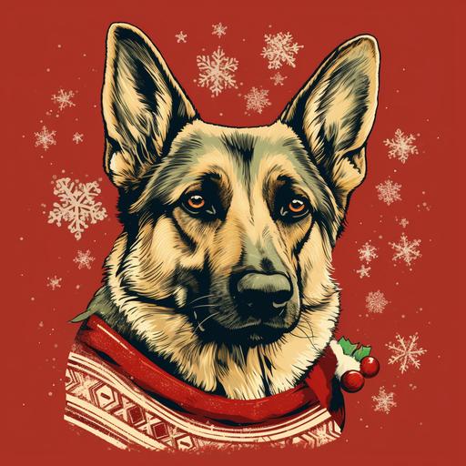 handdrawn picture of a profile german shepherd dog in a christmas sweater on a blank background