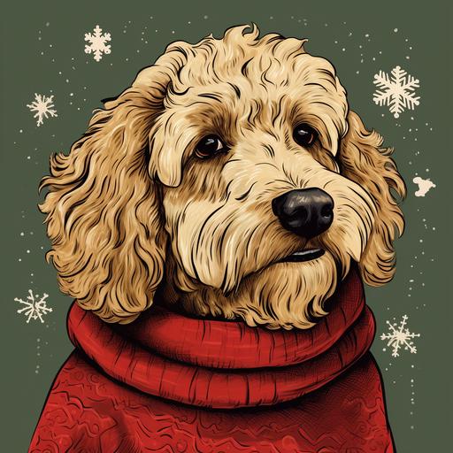 handdrawn picture of a profile golden doodle dog in a christmas sweater on a blank background