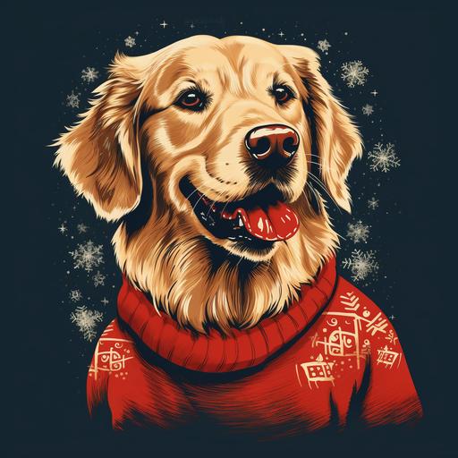 handdrawn picture of a profile golden retriever dog in a christmas sweater on a blank background