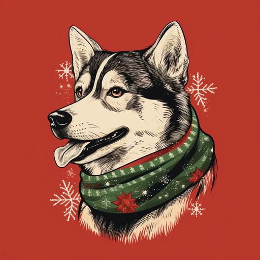 handdrawn picture of a profile huskie dog in a christmas sweater on a blank background