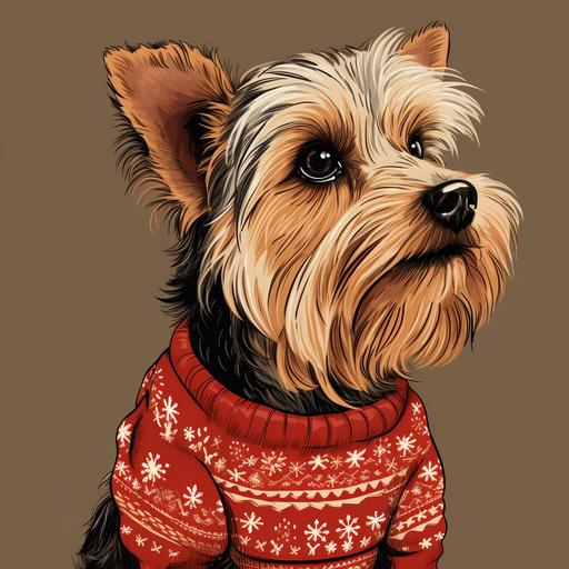 handdrawn picture of a profile yorkshire terrier dog in a christmas sweater on a blank background