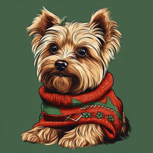 handdrawn picture of a profile yorkshire terrier dog in a christmas sweater on a blank background