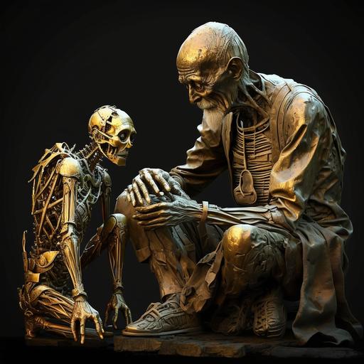 handmade brass robot humanoid spark of Life old man dying near him sharing his final words of wisdom