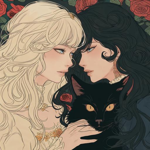 handrawn anime style romantic, two black cats. Anime. Rose of Versailles. --v 6.0