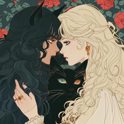 handrawn anime style romantic, two black cats. Anime. Rose of Versailles.