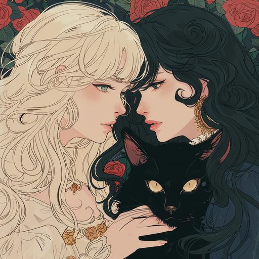 handrawn anime style romantic, two black cats. Anime. Rose of Versailles.