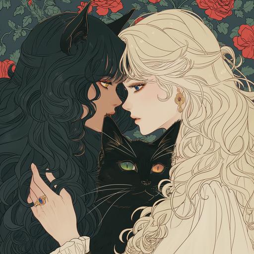 handrawn anime style romantic, two black cats. Anime. Rose of Versailles. --v 6.0