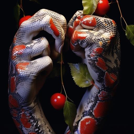 hands adam and eve snake photo realistic --v 5.2