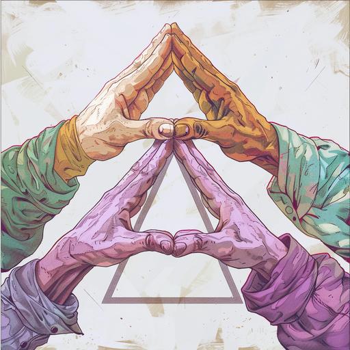 hands forming triangle, Pepe in the middle, cabal, nft doodles style, paste colors, purple, pink, white, yellow, green