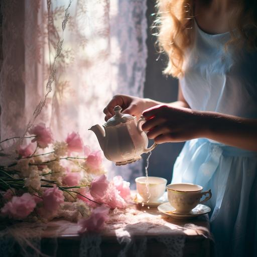 hands pouring a cup of tea with pink ribbons, baby blue, vintatge wallpaper in the back, in a cottage, light leaks, dreamy, film