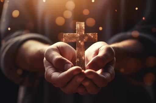 hands with a wooden cross holding them, in the style of bokeh panorama, website, uhd image, realistic detailing, festive atmosphere, craftcore, christcore, --ar 3:2