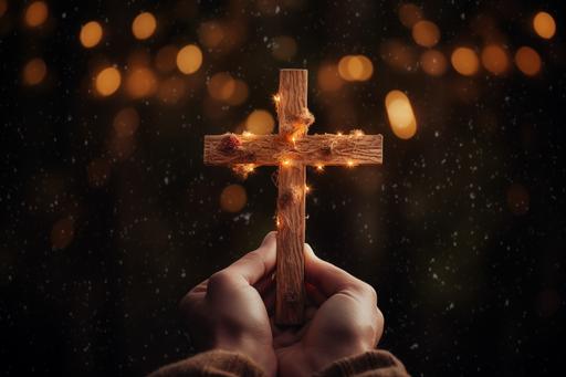 hands with a wooden cross holding them, in the style of bokeh panorama, website, uhd image, realistic detailing, festive atmosphere, craftcore, christcore, --ar 3:2