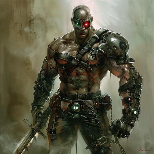 handsom and dangerous white man with metal for bone, one red eye one green eye, six pack abs, dressed in leather, with a sword sheathed at his side, pwerful muscles, leather boots, a robot arm, a police officer gone rouge, and very angry like a mountain ready to erupt, think Vinicunca