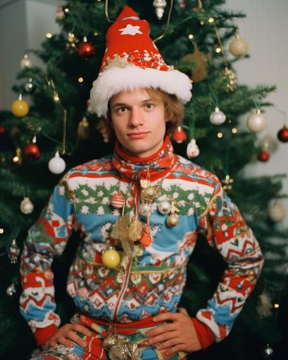 handsome 20 years old man photo with funny chrismas costume with chrismas tree, Kodak Portra 800 film 35 mm --ar 4:5 --s 50