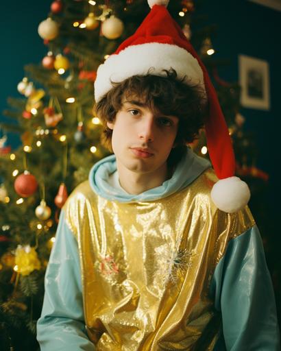 handsome 20 years old man photo with funny chrismas costume with chrismas tree, Kodak Portra 800 film 35 mm --ar 4:5 --s 50