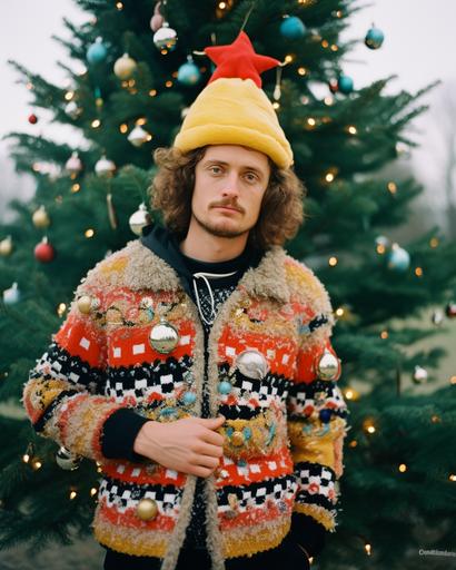 handsome 30 years old man photo with funny chrismas costume with chrismas tree, Kodak Portra 800 film 35 mm --ar 4:5 --s 50