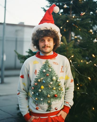 handsome 30 years old man photo with funny chrismas costume with chrismas tree, Kodak Portra 800 film 35 mm --ar 4:5 --s 50