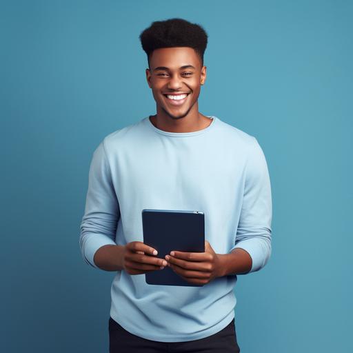 handsome African guy smiling, holding tablet, blue polo outfit shot on a canon camera, isolated background