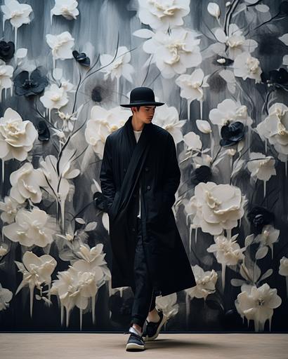 handsome Japanese man in black and white felt hat and floral decoupage kimono running pass feature wall covered with huge needle felted exotic florals in monochromatic theme decoration, by elsa bleda, minimal male figures --ar 4:5 --stylize 150 --v 5.2
