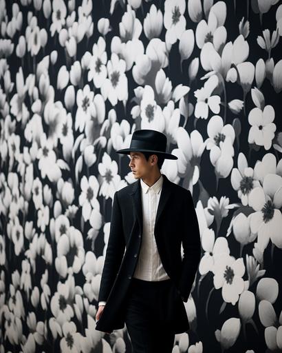 handsome Japanese man in black and white felt hat and floral decoupage kimono running pass feature wall of needle felted geometric patterns in monochromatic theme decoration, by elsa bleda, minimal male figures --ar 4:5 --stylize 150 --v 5.2