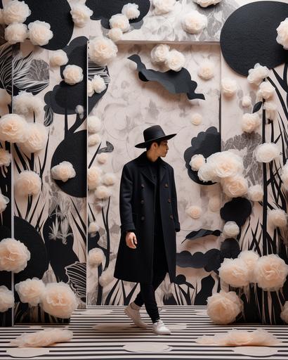 handsome Japanese man in black and white felt hat and floral decoupage kimono running pass feature wall of needle felted geometric patterns carpet in monochromatic theme decoration, by elsa bleda, minimal male figures --ar 4:5 --stylize 150 --v 5.2
