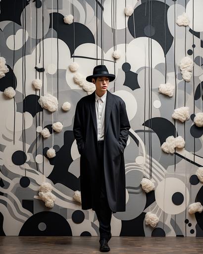 handsome Japanese man in black and white felt hat and floral decoupage kimono running pass feature wall of needle felted geometric patterns in monochromatic theme decoration, by elsa bleda, minimal male figures --ar 4:5 --stylize 150 --v 5.2