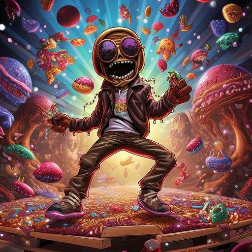 handsome alien birthday boy, cartoon, wearing a leather jacket and sneaker boots, dancing in a disco, which is decorated with psychedelic mushrooms, surrounded by chocolate candy bars