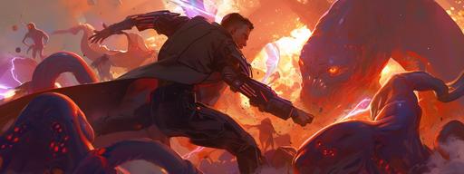 handsome alien fighting in a space opera, dramatic, grand scale, political, art by Austin Briggs, Charlie Bowater, Atey Ghailan, --ar 8:3 --niji 6