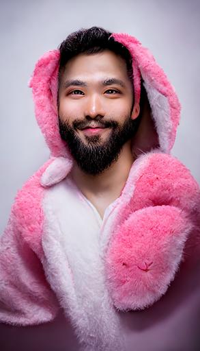 handsome bearded guy in a pink fluffy bunny costume, big eyes, East Asian, smiling, studio lighting, photograph, ultra realistic, 8K, UHD --ar 9:16