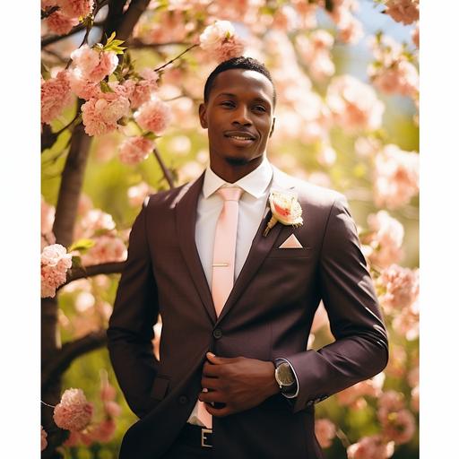 handsome black skin groom photo, light color suit, flower, daylight, outside ar--4:5 --s 50