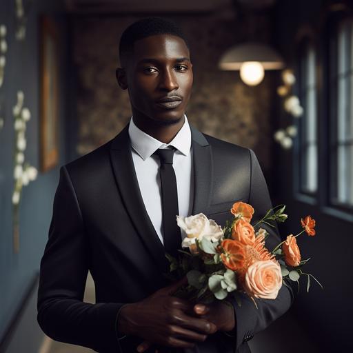 handsome black skin groom photo, light color suit, flower, daylight, inside ar--4:5 --s 50
