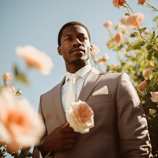 handsome black skin groom photo, light color suit, flower, daylight, outside ar--4:5 --s 50