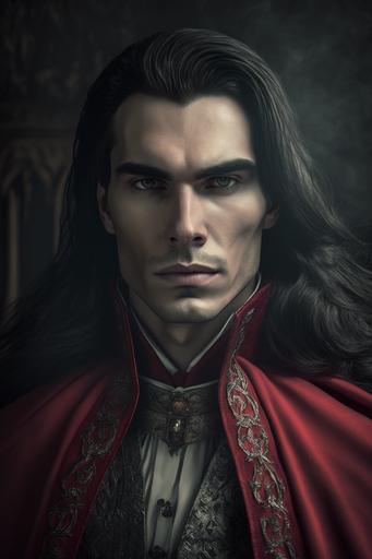 handsome brunette male vampire, Dracula, vampire teeth, in gothic red clothes, with cape, long flowing hair, gothic castle dungeon, coffin, candles on the background, hyper realistic, digital painting, high fantasy, incredibly detailed, sharp, crazy details   cinematic frame, professional lighting, illumination for photography   35mm, 50mm, 80 mm, 100 mm   hyperrealistic lightroom gallery, 4k, 8k, --ar 2:3
