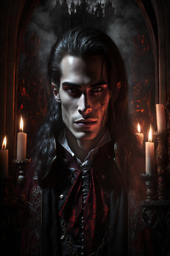 handsome brunette male vampire, Dracula, vampire teeth, in gothic red clothes, with cape, long flowing hair, gothic castle dungeon, coffin, candles on the background, hyper realistic, digital painting, high fantasy, incredibly detailed, sharp, crazy details   cinematic frame, professional lighting, illumination for photography   35mm, 50mm, 80 mm, 100 mm   hyperrealistic lightroom gallery, 4k, 8k, --ar 2:3